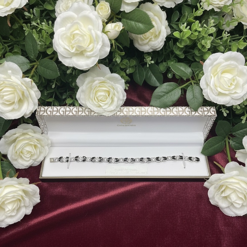 Silver and Black and White Rhinestone Chain-Link Bracelet